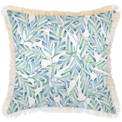 Cushion cover with coastal fringe design featuring tropical leaves in soft, water-resistant fabric for indoor and outdoor use.