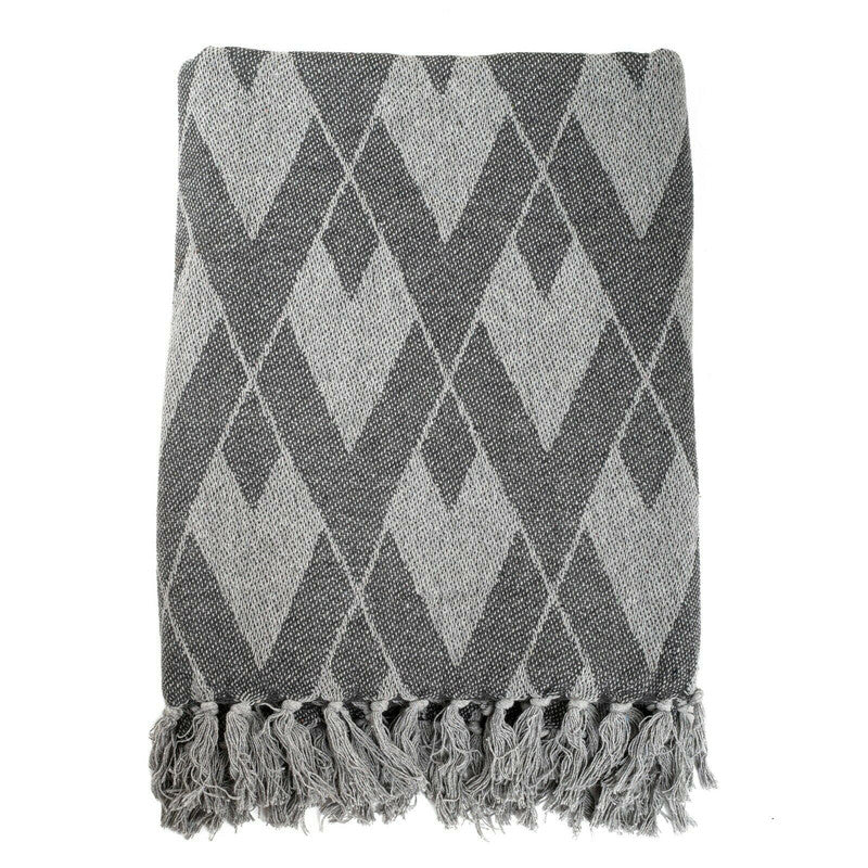 Soft cotton throw blanket in herringbone plaid pattern, grey color with decorative fringes, ideal for bed or sofa use.