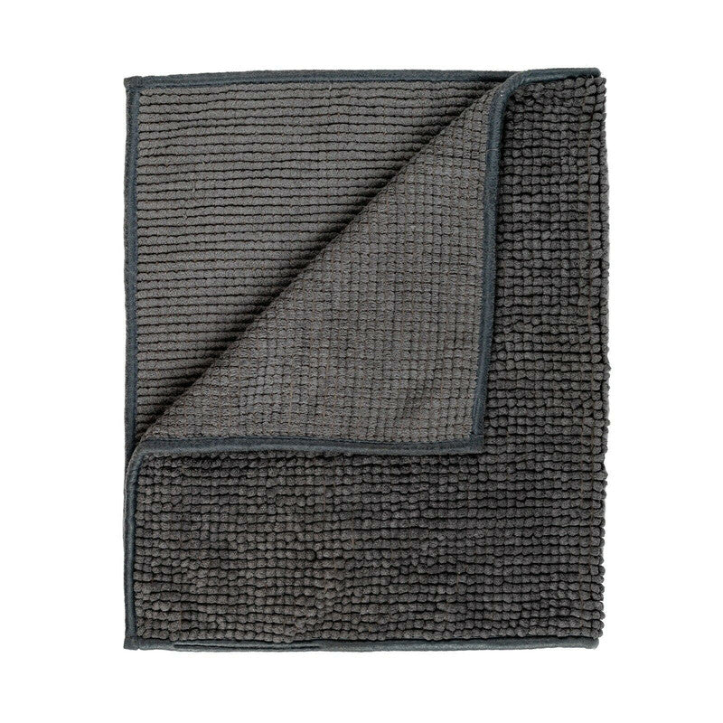 Dark grey microfiber bath mat with soft pile design and non-slip backing, perfect for bathroom use.