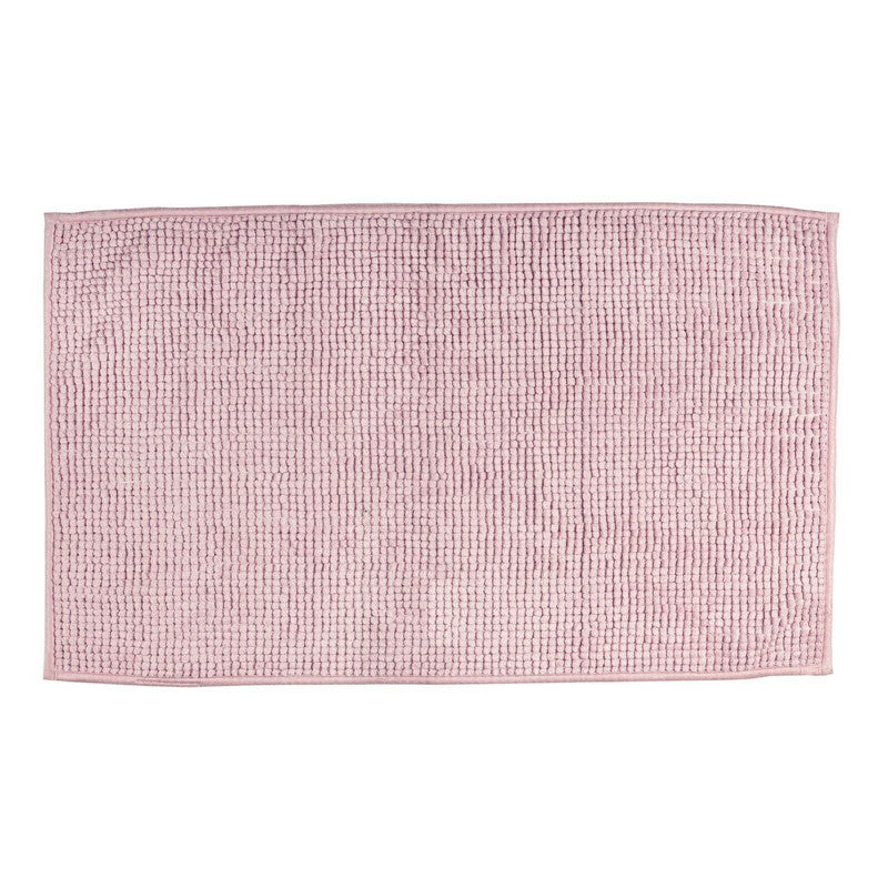 Soft pink microfiber bath mat with non-slip design, perfect for adding comfort to your bathroom. Quick-dry chenille material.