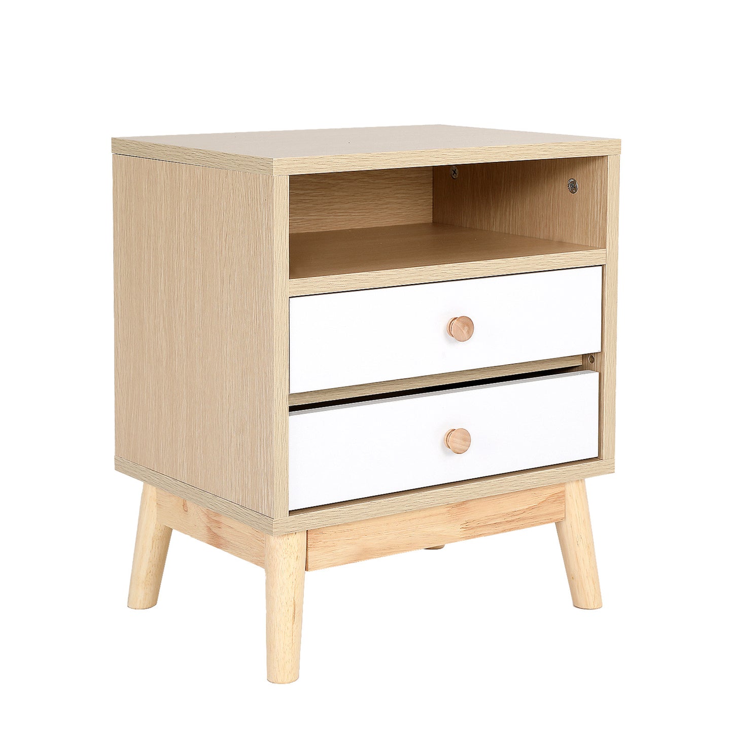 Oak bedside table with two drawers, La Bella Anya. Modern nightstand for bedroom storage. Contemporary bed side cabinet design.