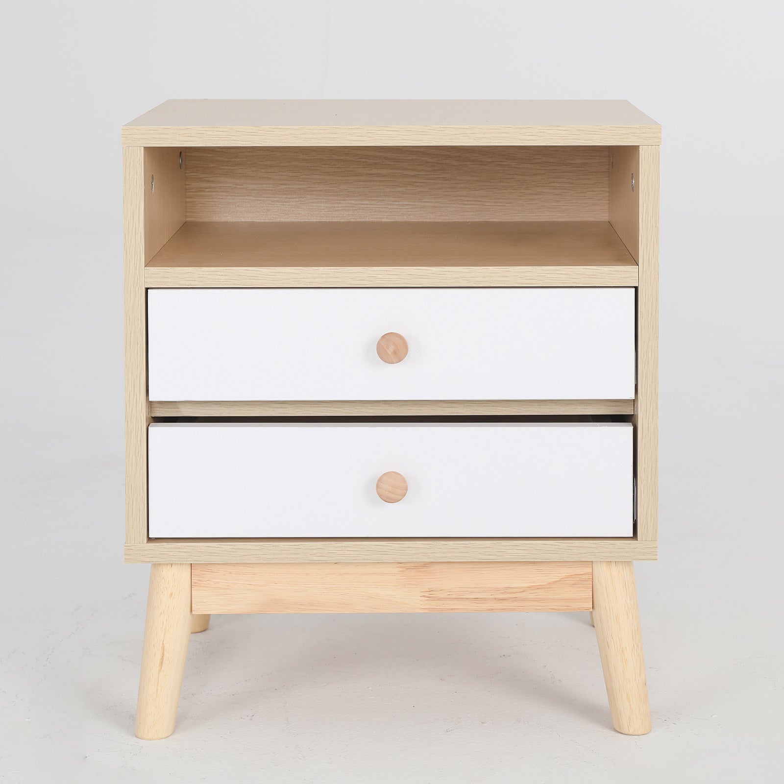 Oak bedside table with two drawers and open shelf, perfect as a bedside nightstand or bed side cabinet in bedrooms.