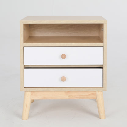 Oak bedside table with two drawers and open shelf, perfect as a bedside nightstand or bed side cabinet in bedrooms.