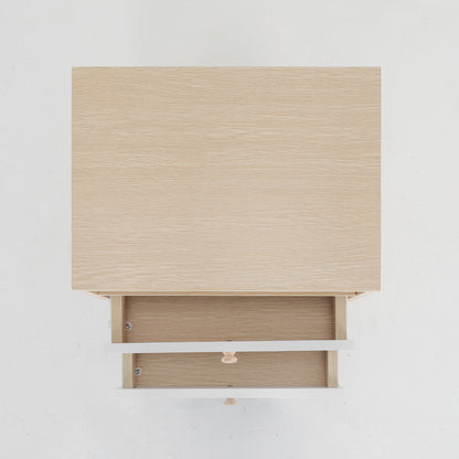 Oak bedside table with open drawer, featuring a minimalist design for bedroom storage. Perfect bedside cabinet or nightstand.