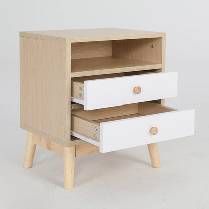 Oak bedside table with two white drawers, providing storage and modern style for bedrooms. Ideal as a bedside nightstand or storage cabinet.