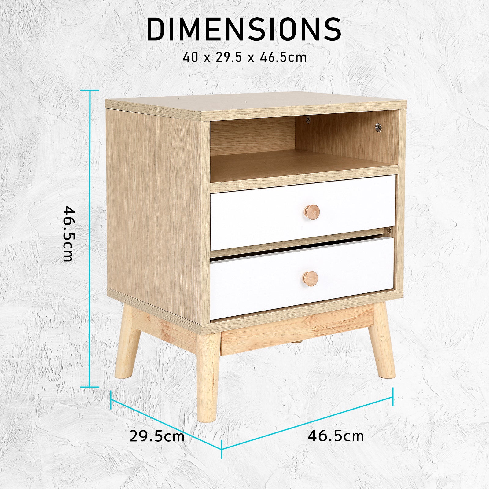 Oak bedside table with two white drawers, open compartment, and dimensions 40x29.5x46.5cm. Ideal as a bed side cabinet or nightstand.