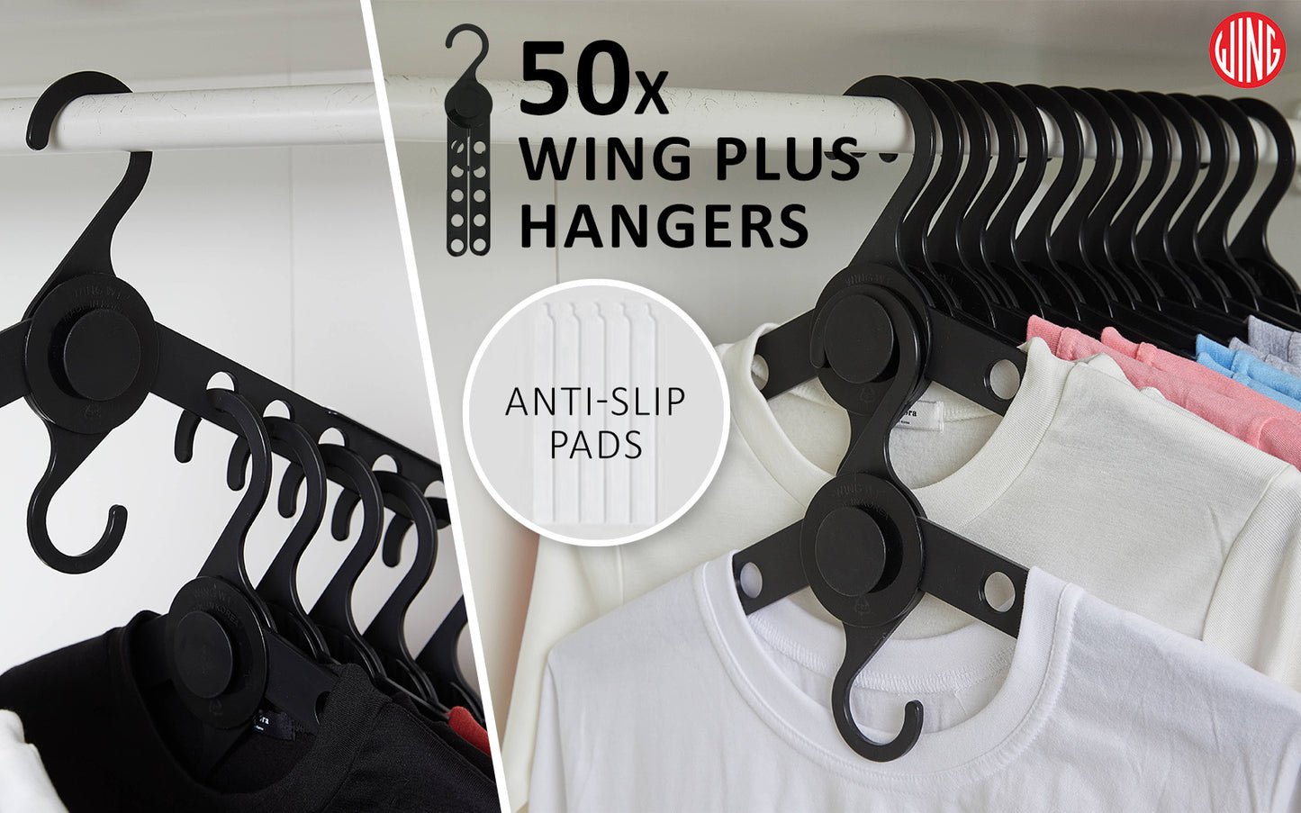 50X Plus Hanger with anti-slip pads, ideal for clothes storage and organization, featuring a foldable design for efficient space use.