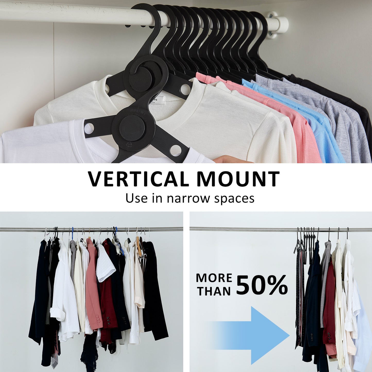 50X Plus Hanger coathanger in use, showcasing vertical mount for efficient clothes storage in narrow spaces.