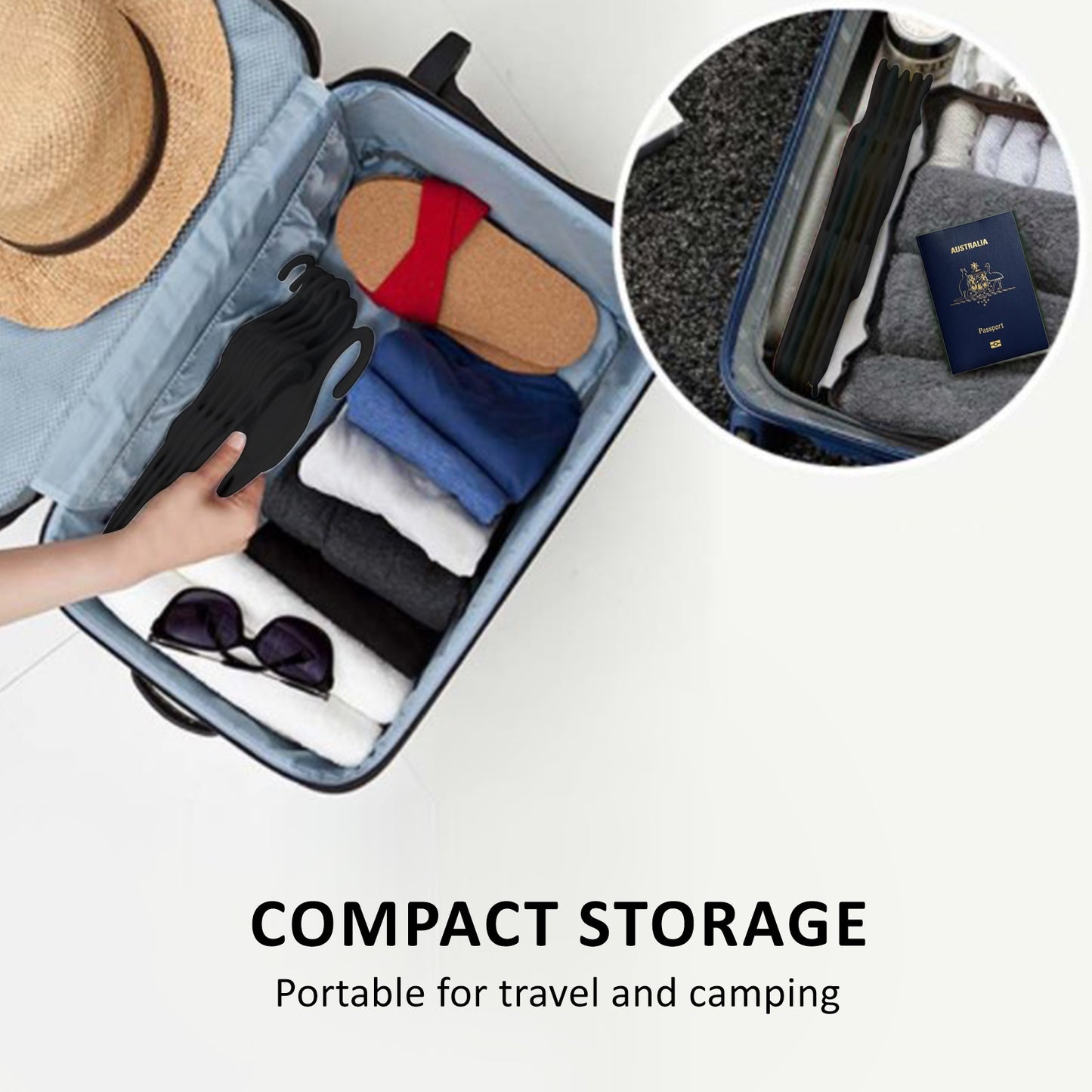 Compact storage solution for travel and camping, showcasing folded clothes and accessories in an organized suitcase.