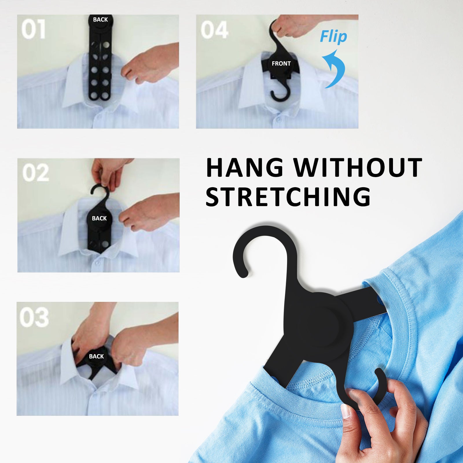 Step-by-step guide on using the foldable 50X Plus Hanger for hanging clothes without stretching.