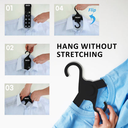 Step-by-step guide on using the foldable 50X Plus Hanger for hanging clothes without stretching.