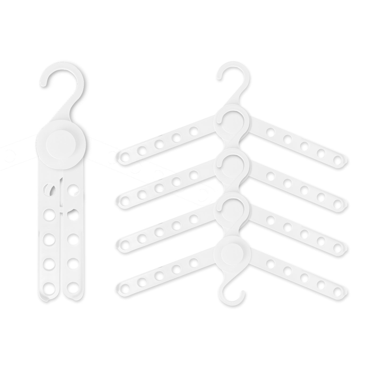 50X Plus Foldable White Coathanger, clothes storage organizer with 10 holes for space-saving hanging.