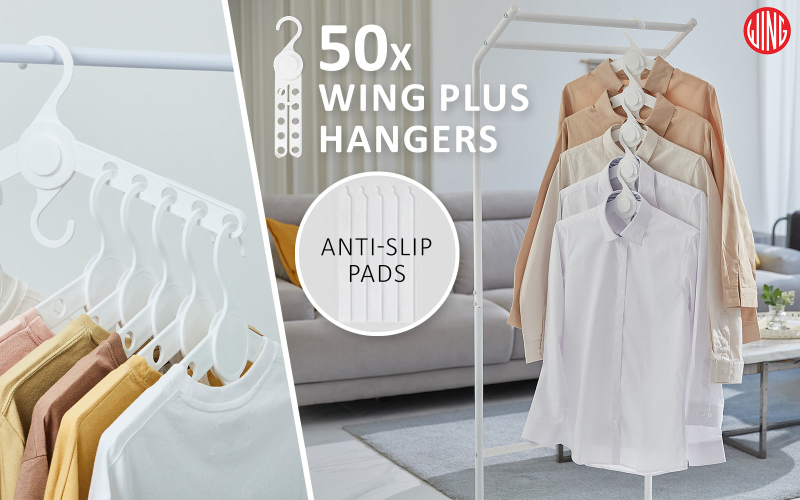 50X Plus Hangers in white with anti-slip pads, perfect for organized clothes storage in a stylish home setting.