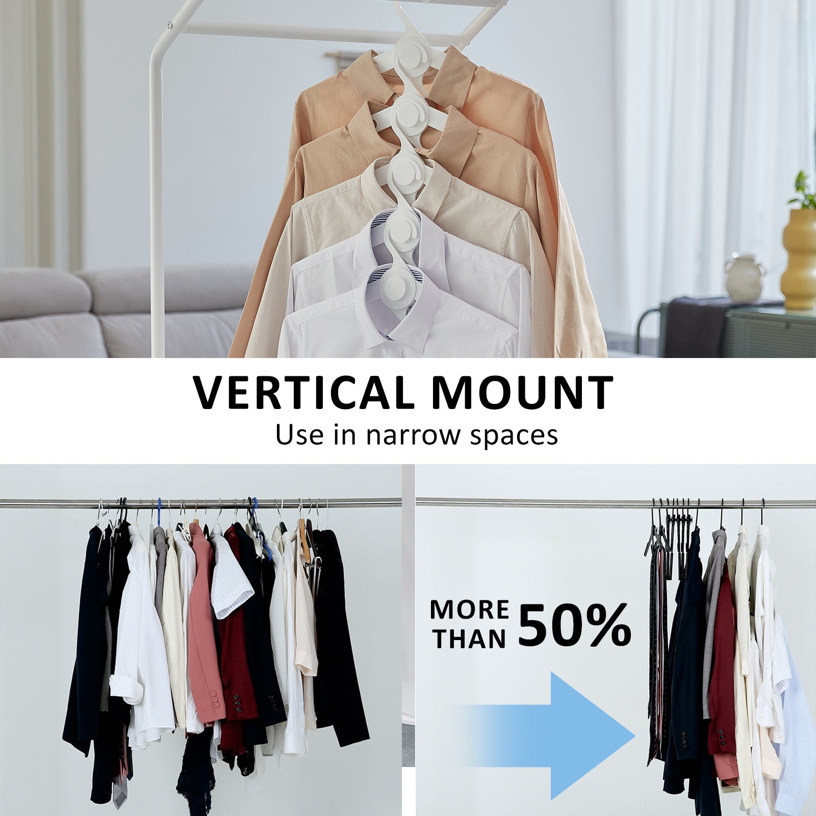 50X Plus Hanger in action, showcasing vertical mount for efficient clothes storage in narrow spaces.