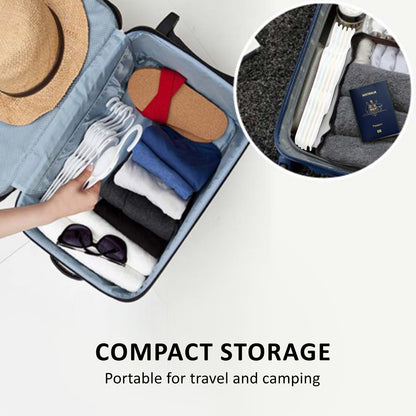 Compact storage solution featuring foldable hangers for travel and camping, maximizing space in a suitcase.