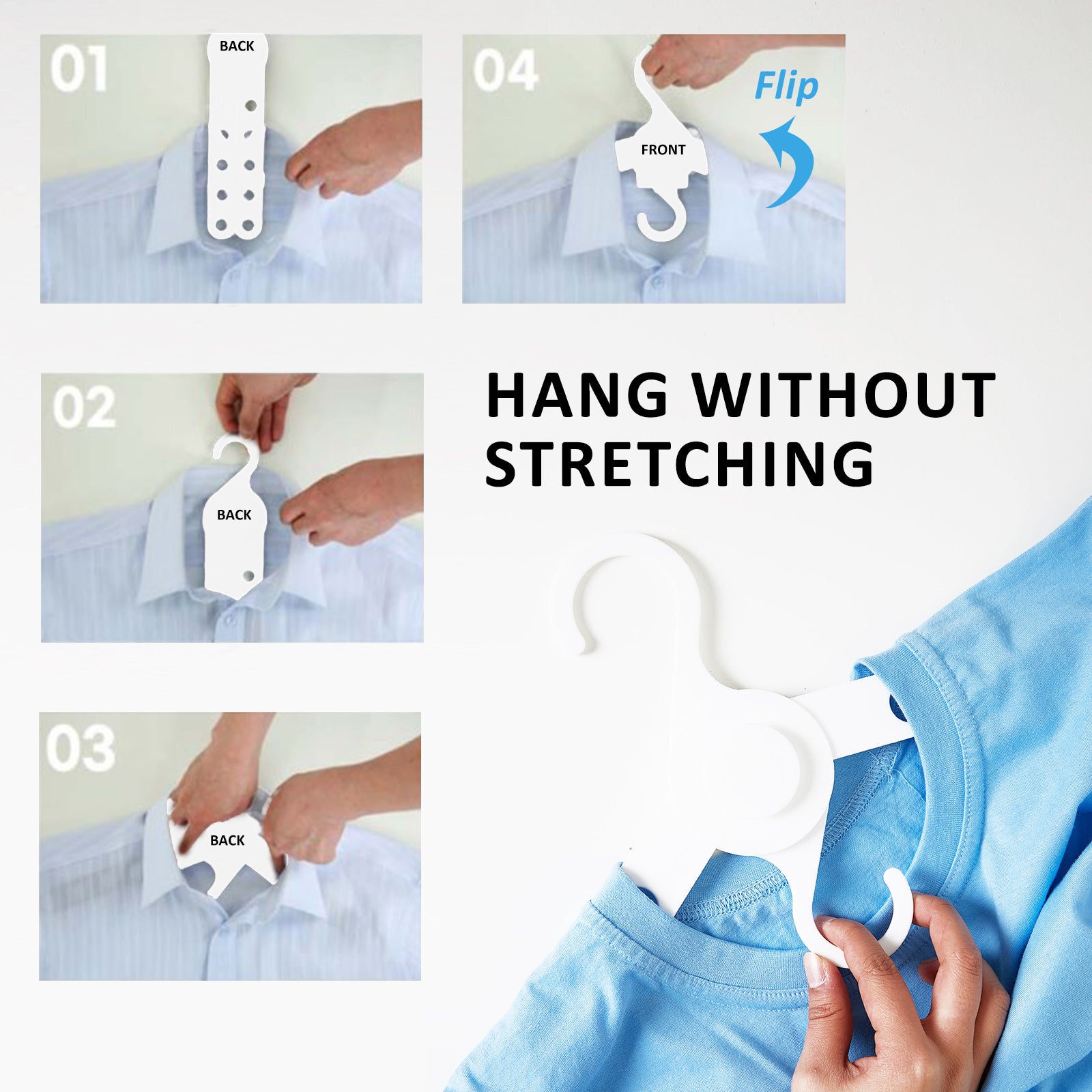 Step-by-step guide to using the foldable coathanger for hanging clothes without stretching.