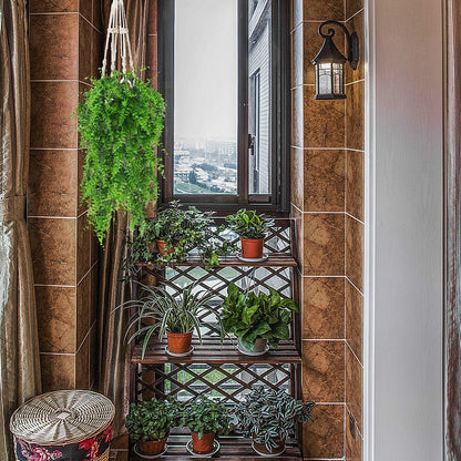 Cozy indoor garden setup with various potted plants and a hanging fern by the window, enhancing home decor.