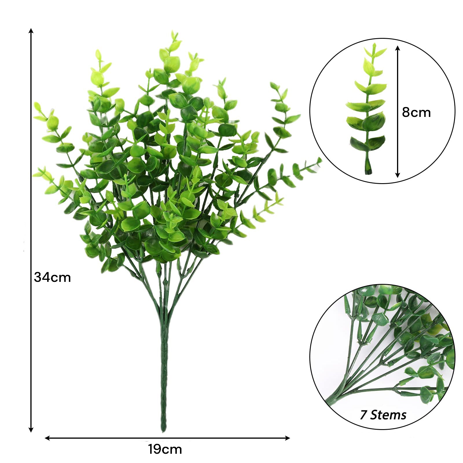 Artificial eucalyptus plant with 7 stems, measuring 34cm tall, perfect for home and office decor.