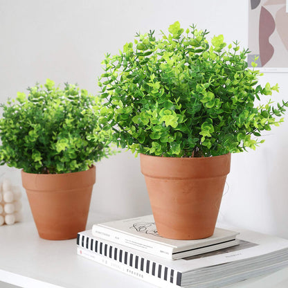 Two vibrant faux eucalyptus plants in terracotta pots, perfect for home decor and low-maintenance greenery.