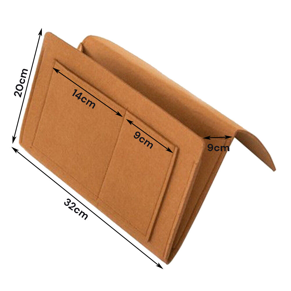 Measurements of khaki bed organiser pockets for storing items like books and magazines