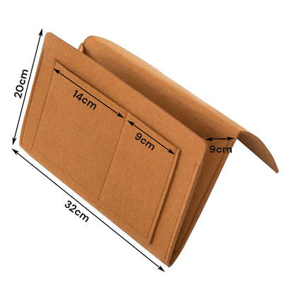 Measurements of khaki bed organiser pockets for storing items like books and magazines