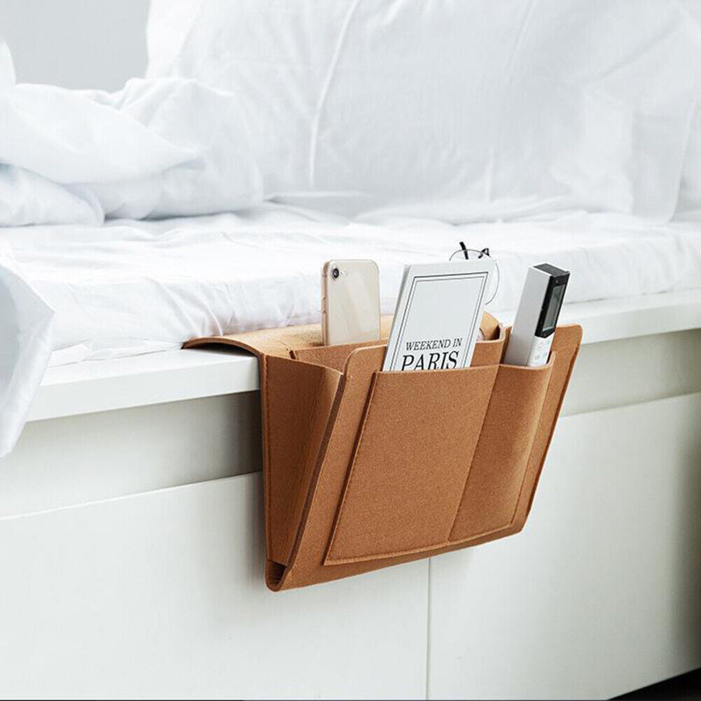 Bedside khaki caddy storage organiser for easy access to books, electronics, and accessories