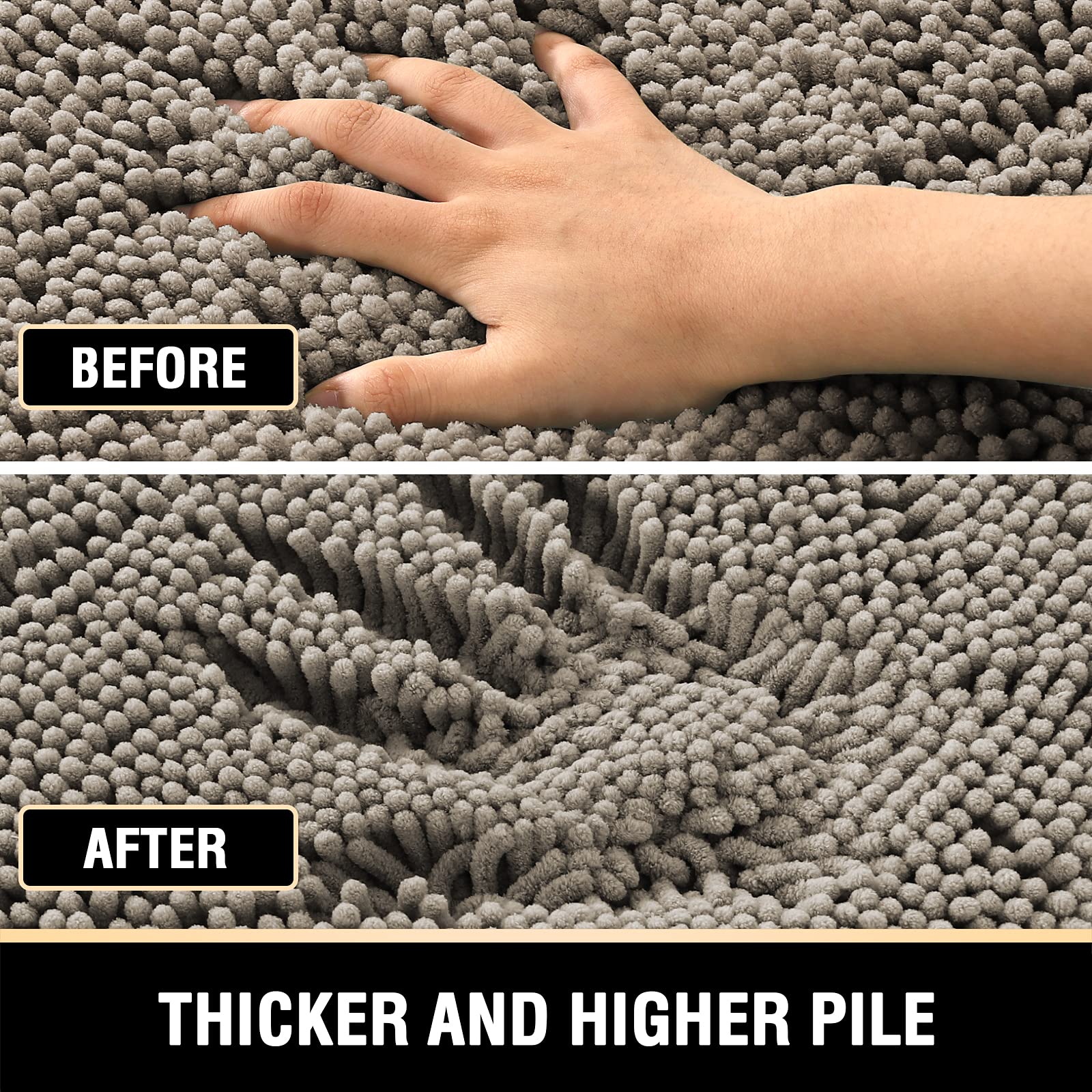 Comparison of bath mat texture before and after showing thicker, higher pile for enhanced comfort and absorption.