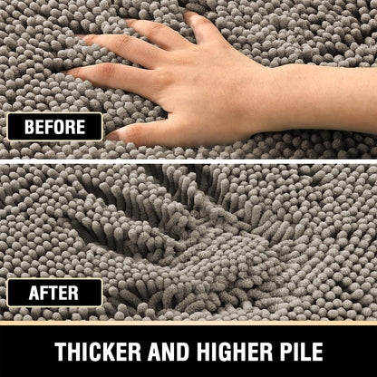 Comparison of bath mat texture before and after showing thicker, higher pile for enhanced comfort and absorption.