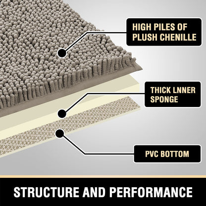 Structure of grey bath mat showing plush chenille piles, thick sponge layer, and durable PVC bottom for enhanced performance.