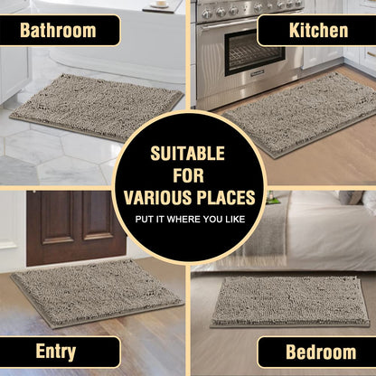 Grey bath mat showcasing versatility in bathroom, kitchen, entry, and bedroom settings for optimal comfort and style.