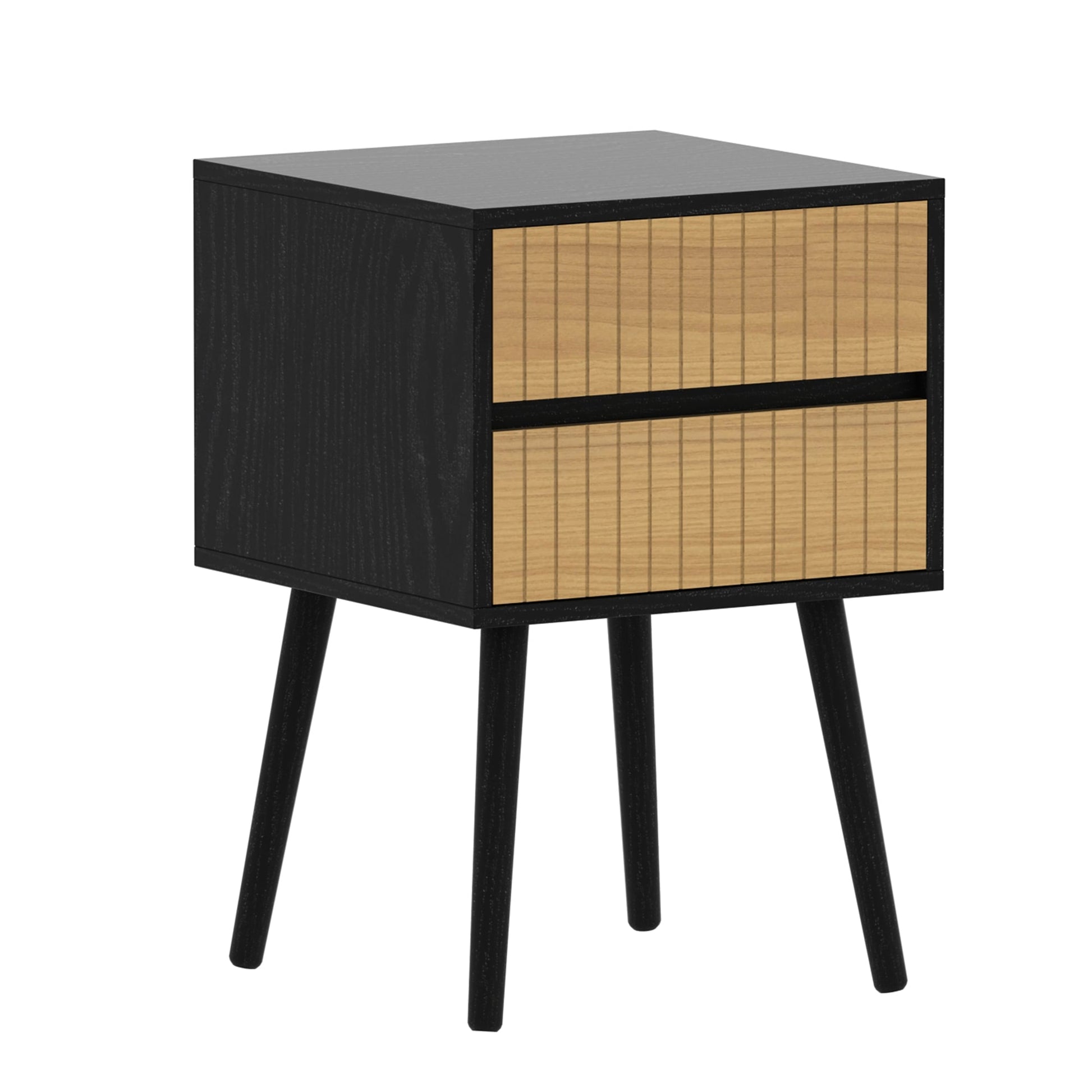 Oslo bedside table with 2 drawers in black and natural finish, solid pine legs. Bed side cabinet for bedroom decor.