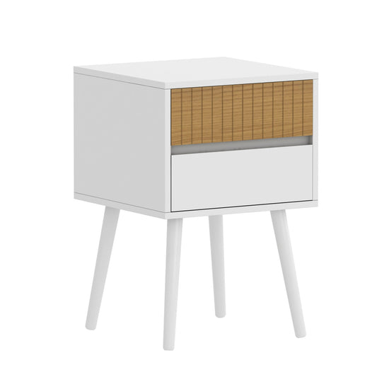 Oslo bedside table with 2 drawers in white & natural wood, MDF body, solid pine legs, perfect nightstand or bed side cabinet.