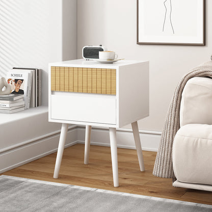 Oslo white & natural bedside table with 2 drawers, pine legs, in modern living room setting. Stylish bedside stand and cabinet.