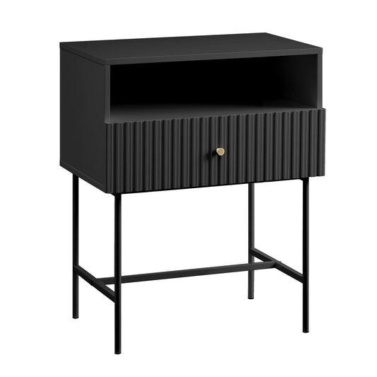 Black Lucia Slender Fluted Bedside Table with melamine finish and metal legs, perfect as a bedside stand or nightstand.