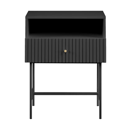 Black fluted bedside table with melamine finish, metal legs, stylish nightstand perfect for modern bedrooms.