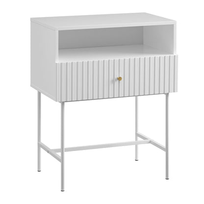 White Lucia Slender Fluted Bedside Table with metal legs, perfect as a bedside stand or bed side cabinet, adds elegance to any room.