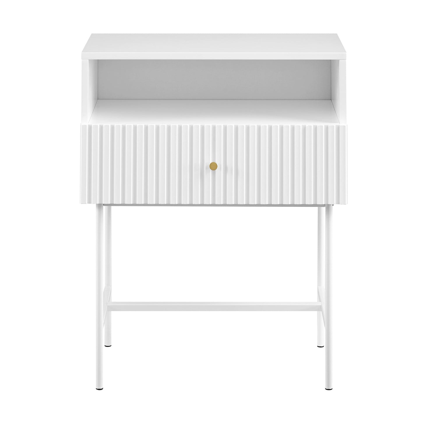 White Lucia Slender Fluted Bedside Table with metal legs, MDF painted body, modern nightstand design, 60cm height.