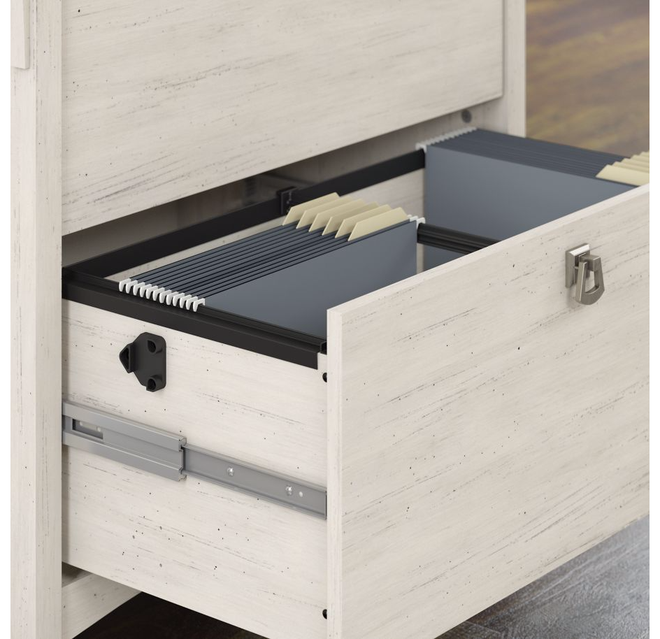 Salinas Filing Cabinet in antique white showing open lateral file drawers with organized suspension files for efficient office storage.