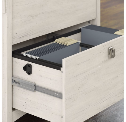 Salinas Filing Cabinet in antique white showing open lateral file drawers with organized suspension files for efficient office storage.