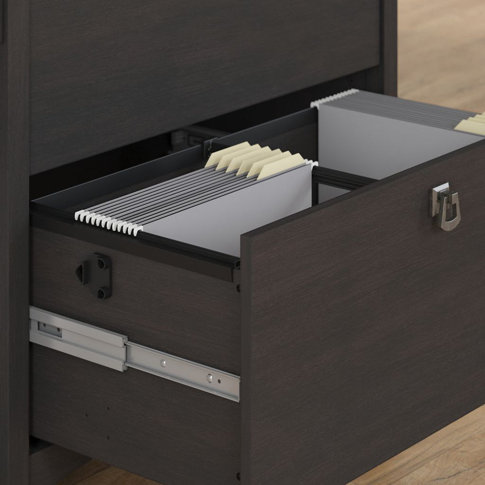 Interior view of the Salinas filing cabinet showing organized file drawers with suspension file hangers for office storage.