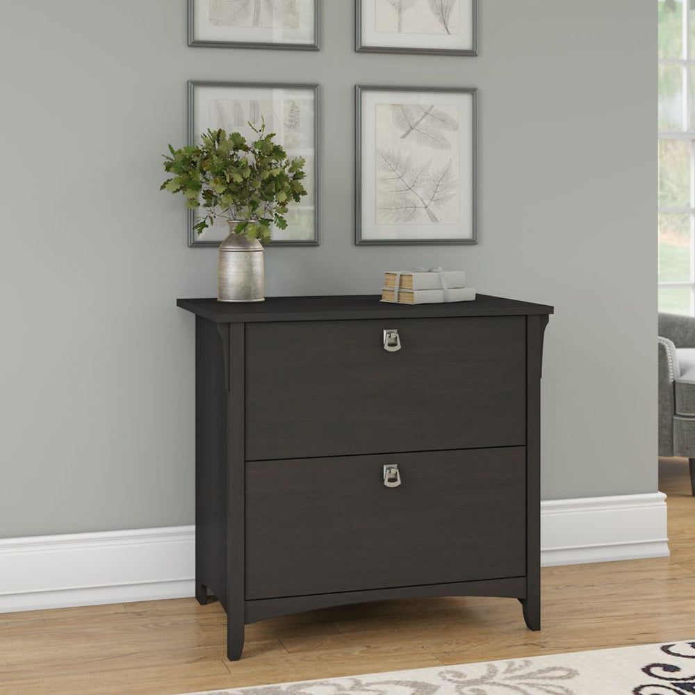 Distressed black Salinas filing cabinet with two drawers, perfect for office storage and stylish organization.