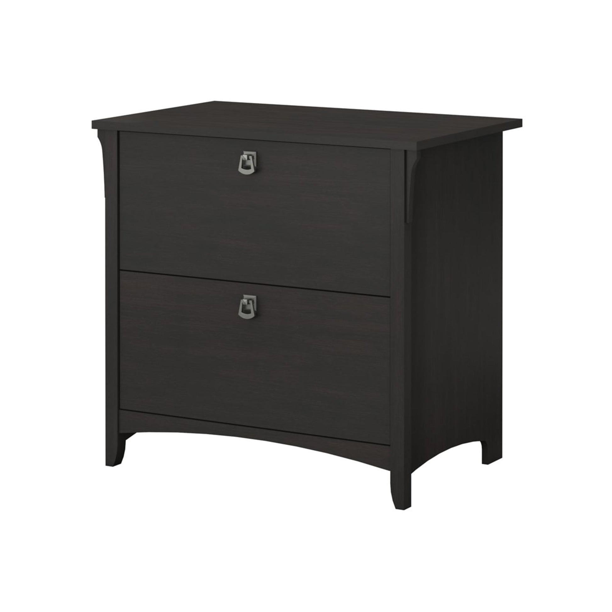 Salinas Black Filing Cabinet with two lateral file drawers and antique finish for stylish office storage.