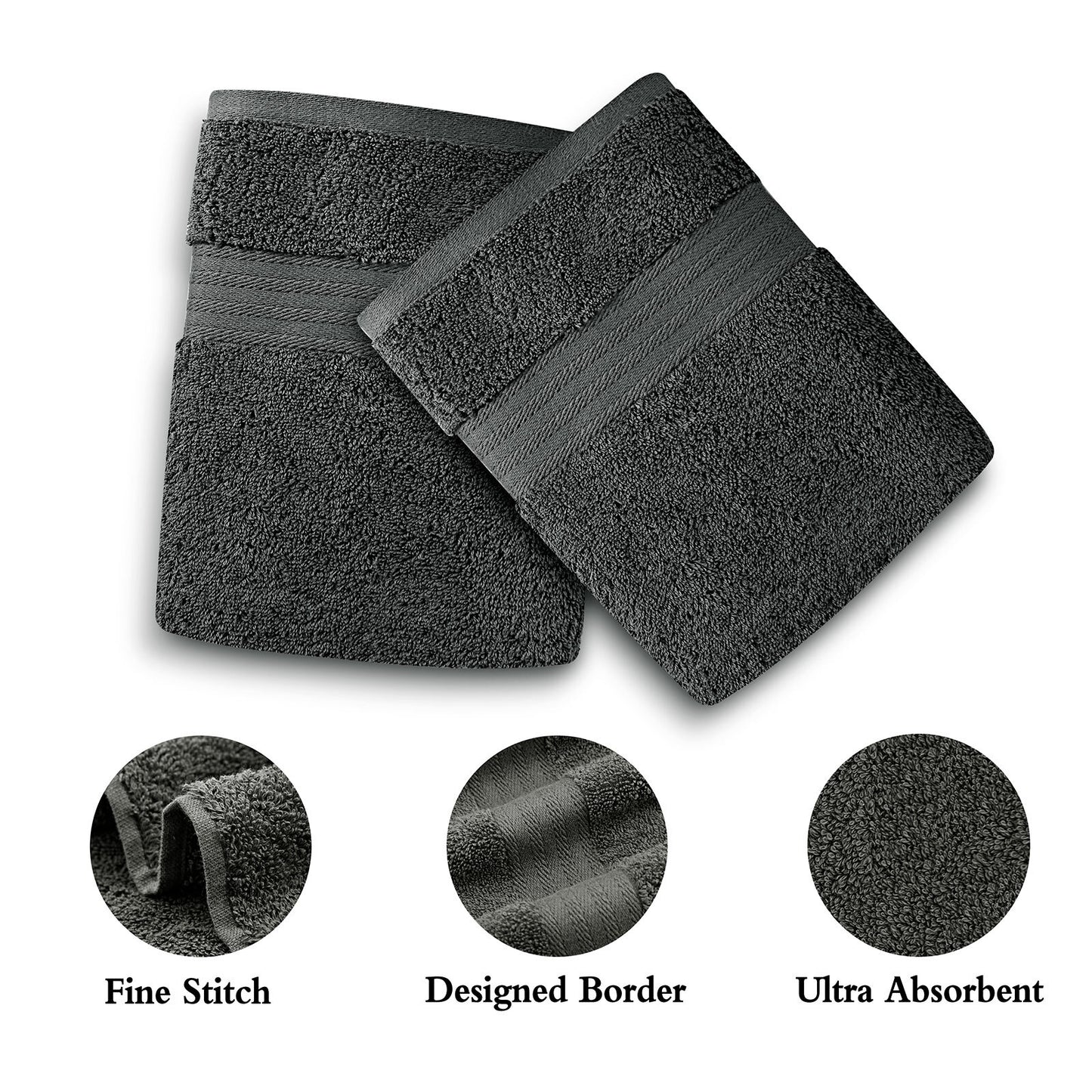 Charcoal Linenland 4 Piece Cotton Bath Towels Set, OEKO-TEX Certified, Ultra Absorbent Bathroom Towels with Fine Stitch and Designed Border