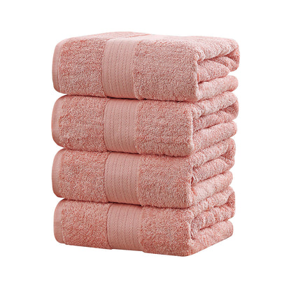 Coral cotton bath towel set, 4-piece, OEKOTEX certified, highly absorbent, fast drying, perfect for bathroom use.