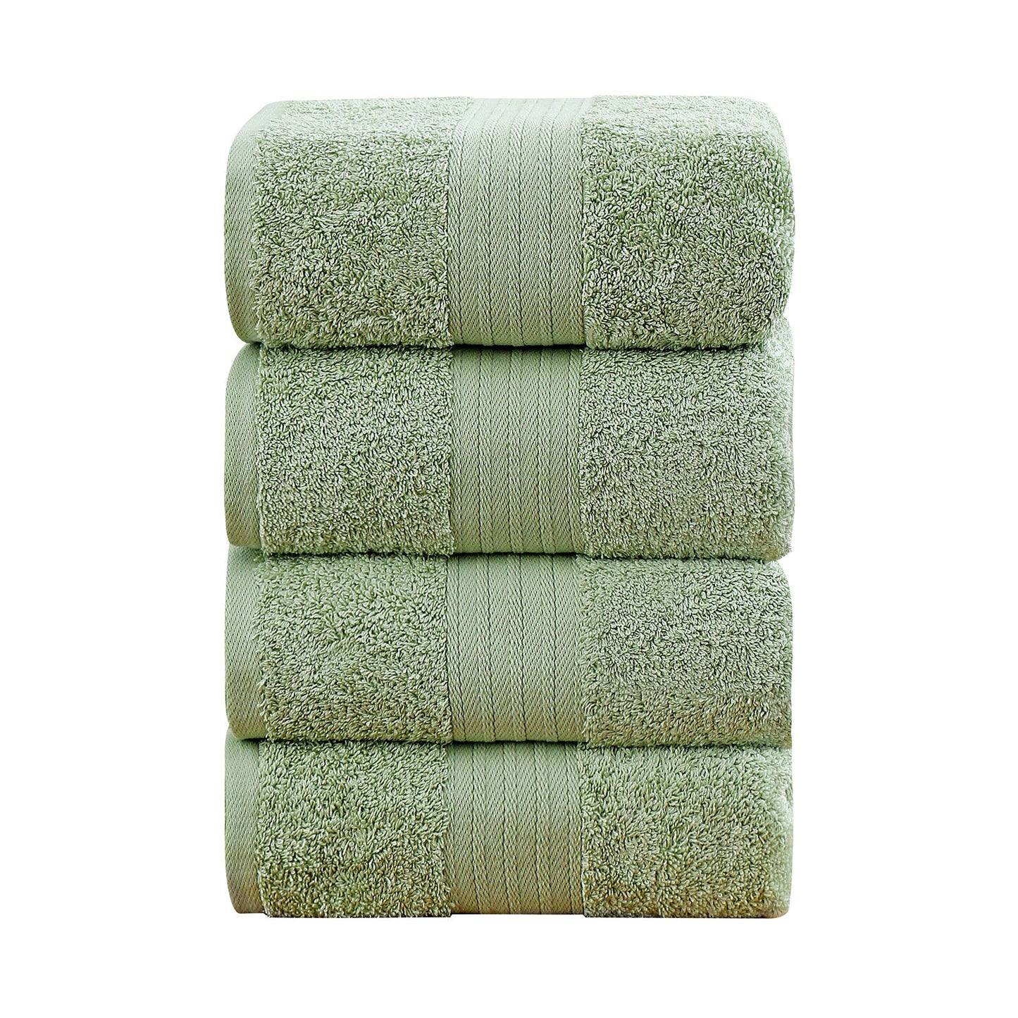 Sage green 4-piece cotton bath towel set, OEKOTEX certified, highly absorbent and fast drying, perfect for bathroom use.