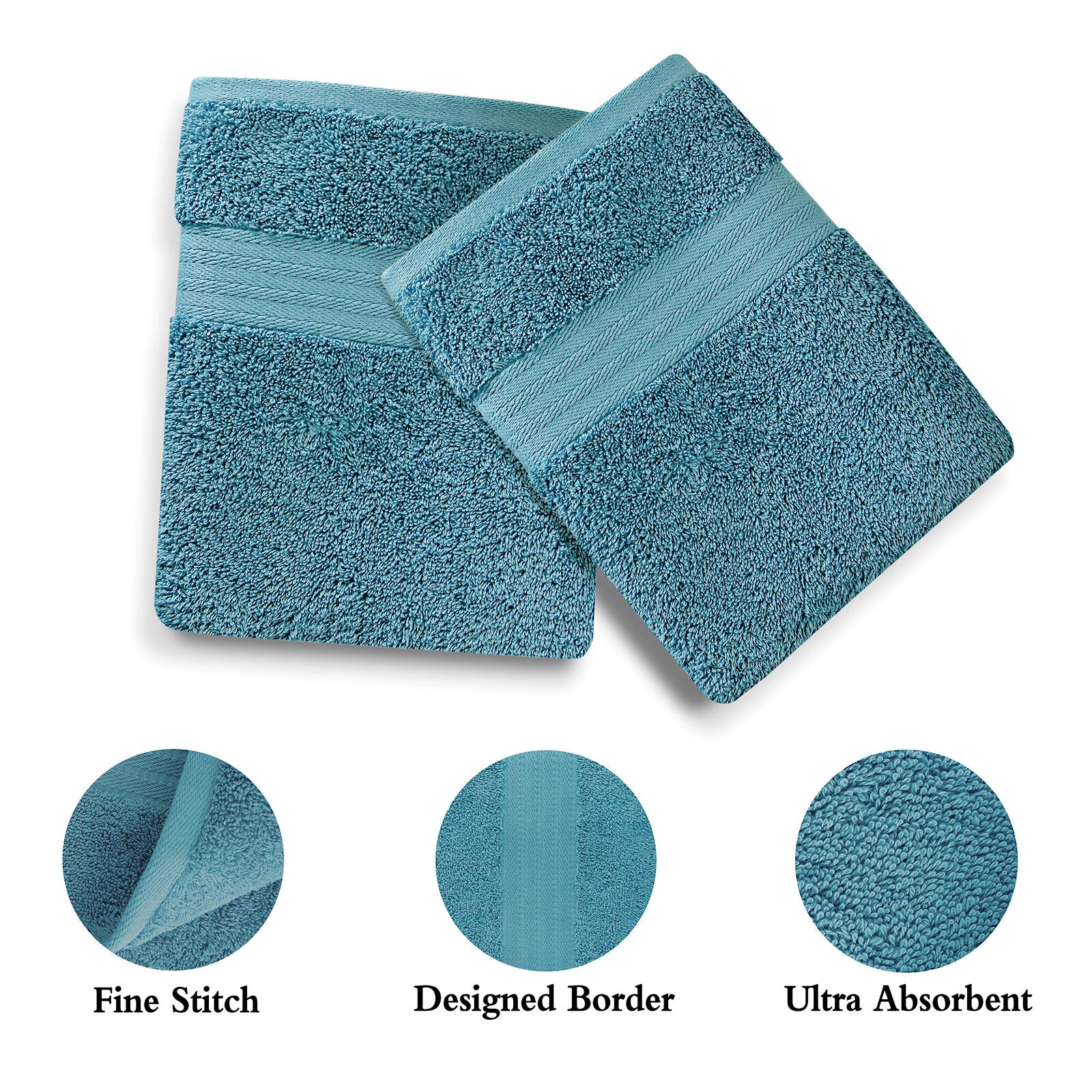 Blue cotton hand towels set, highly absorbent, OEKO-TEX certified, perfect for any bathroom.