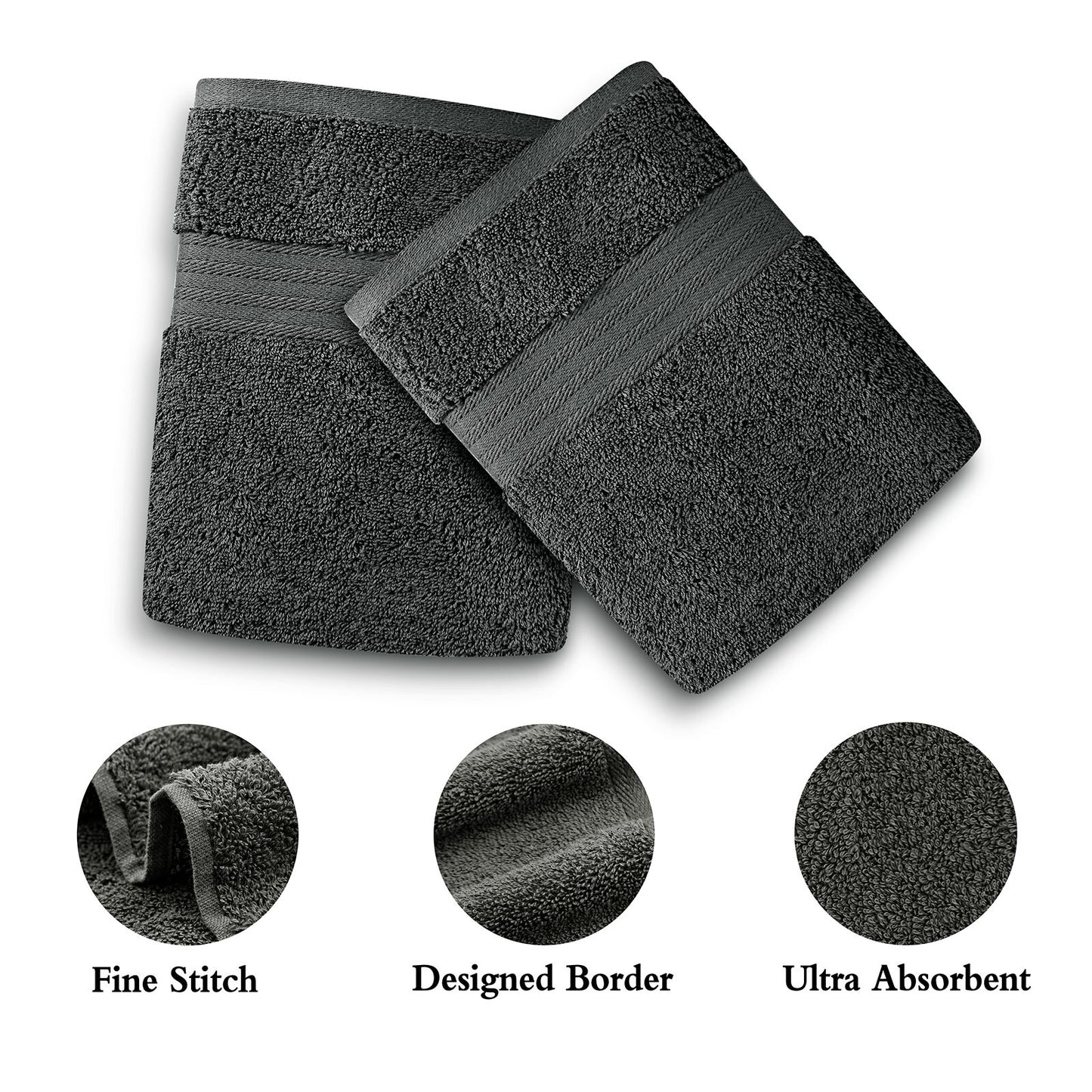 Charcoal cotton hand towels with fine stitch, designed border, and ultra absorbent qualities. Perfect bathroom towel set.