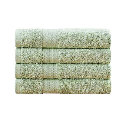 Sage green 4-piece cotton hand towel set, highly absorbent, fast drying, OEKO-TEX certified. Perfect for bathroom use.