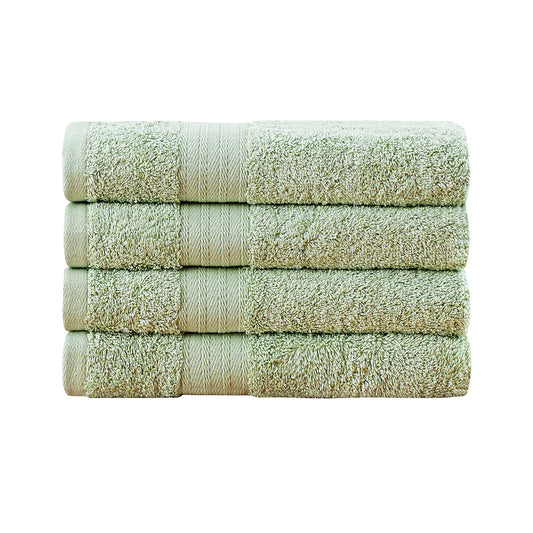 Sage green 4-piece cotton hand towel set, highly absorbent, fast drying, OEKO-TEX certified. Perfect for bathroom use.