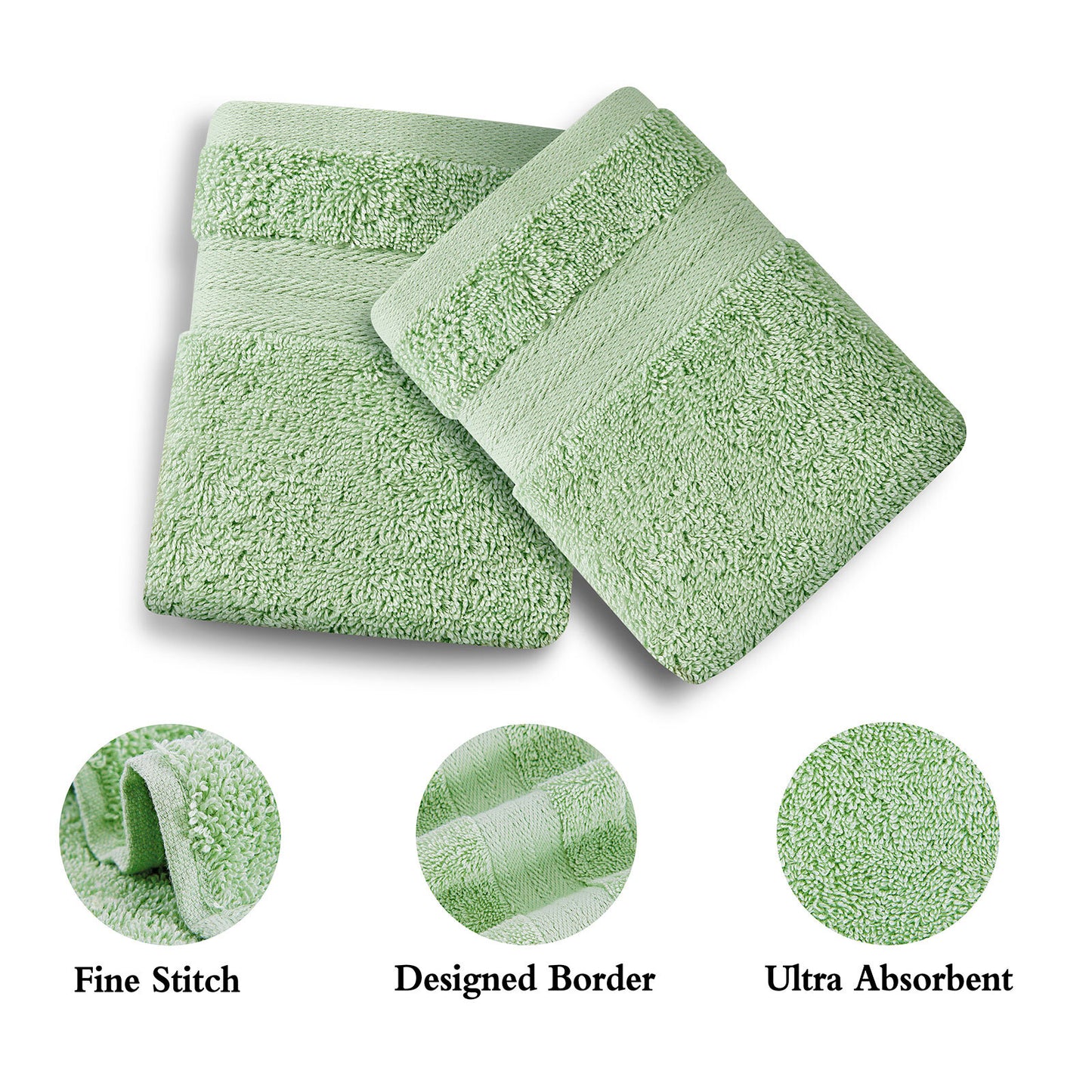 Sage green 4-piece hand towel set, highly absorbent 100% ring spun cotton, OEKOTEX certified, perfect for bathroom use.